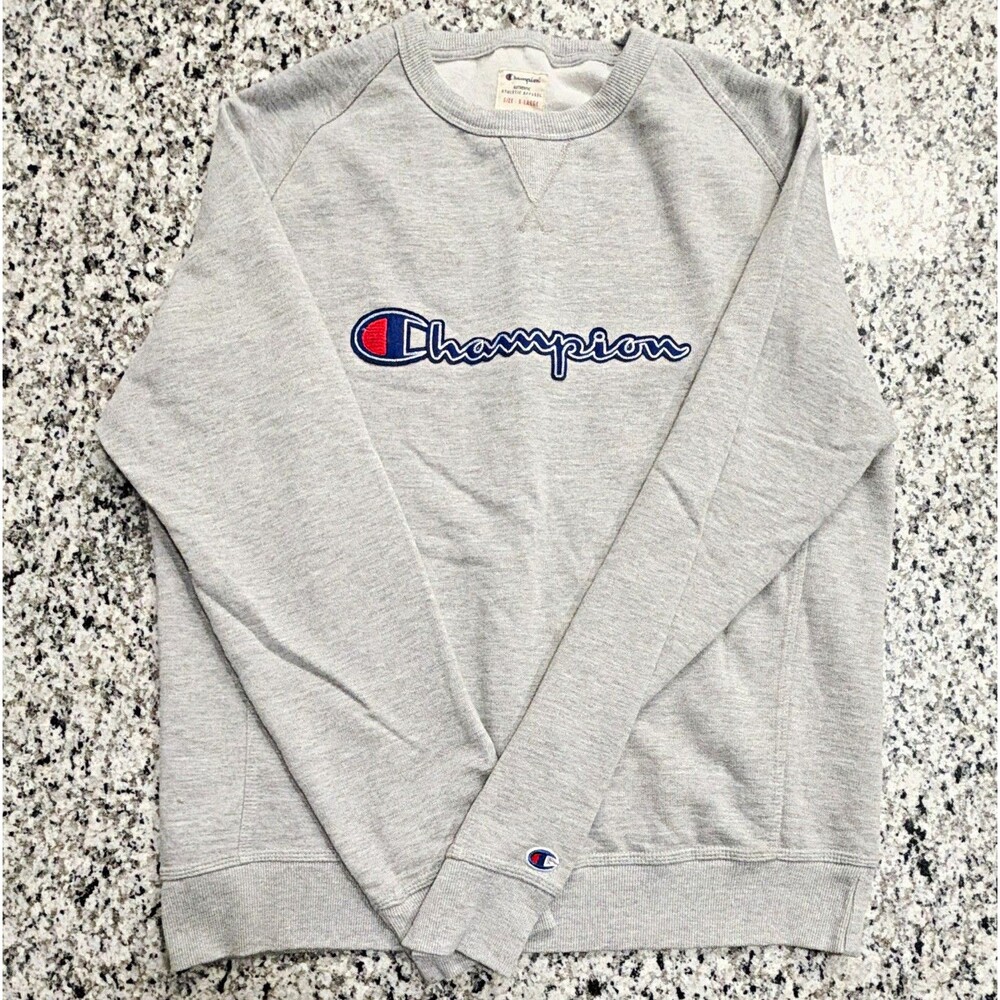 Champion Crewneck Sweatshirt Mens XL Gray Big Script Logo Pullover w/ Measured